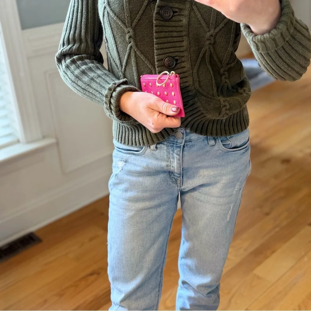 J.Crew Barbiecore Hot Pink Studded Leather Card Case & Key Ring (EUC)